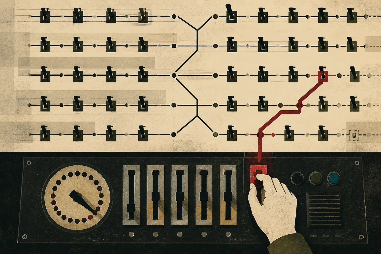 An illustrated control panel where one oxblood path breaks away from repeated default switch positions.