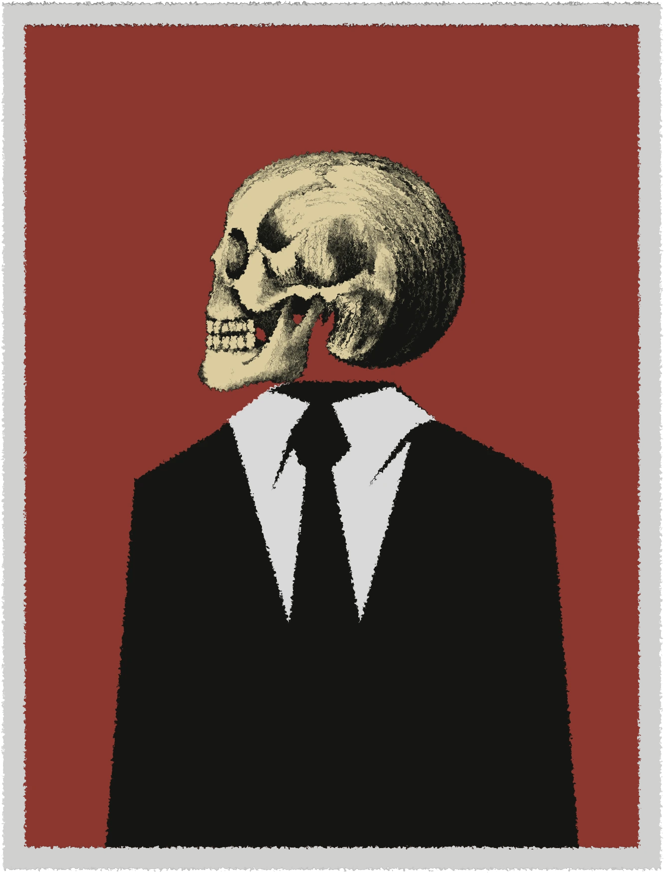 A suited skull in profile